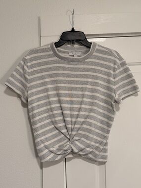 Ann Taylor Weekend Gray & White Striped Ribbed Tee